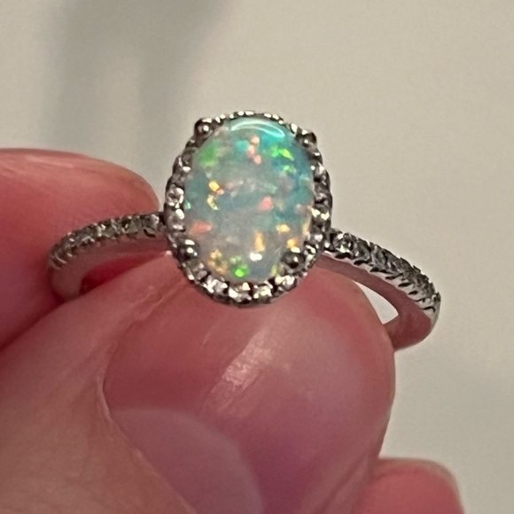 Fire Opal & Diamond 925 Silver Ring Size 5 - Picture 7 of 10